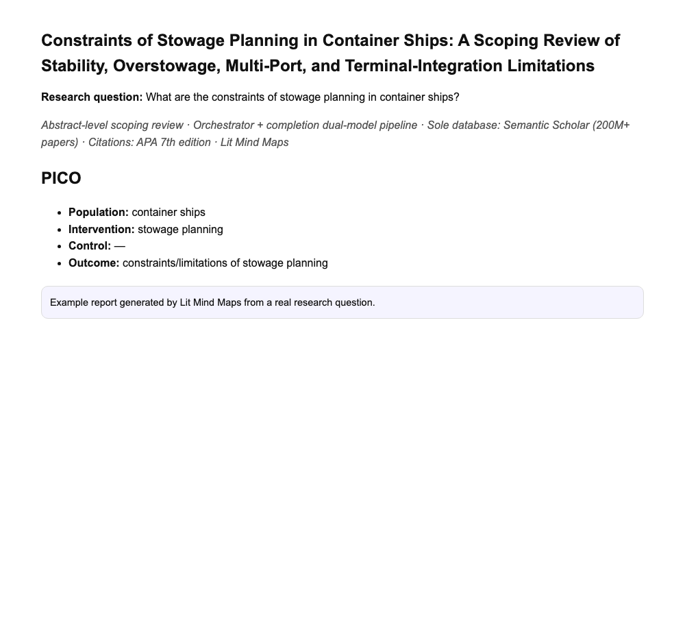 Report title and PICO block for container ship stowage planning constraints